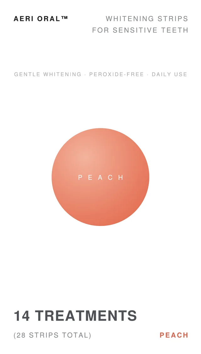 The AERI ORAL whitening strips box in peach: 14 treatments, 28 strips total